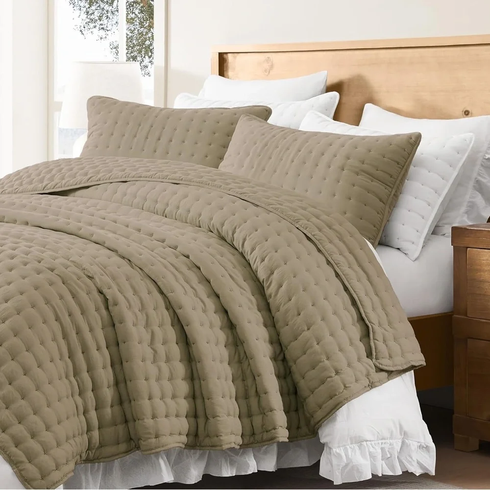 🆕 PB Style King Quilt Set Tufted Classic Taupe 3 Piece Luxury Hotel Bedding